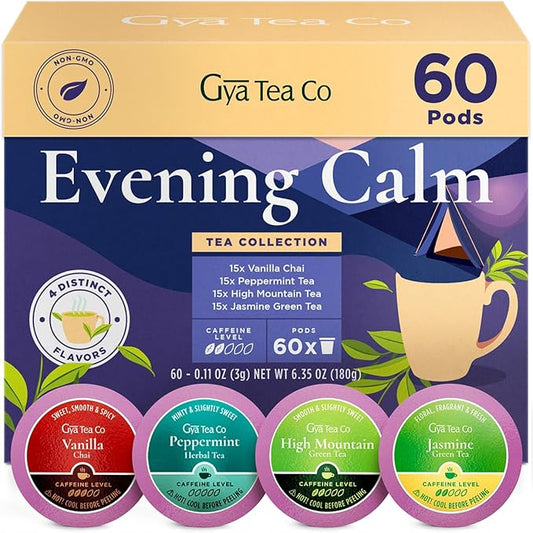 Gya Tea Co Evening Calm Tea Gift Set (60 ct) - Assorted Tea Pod Variety Pack with Vanilla Chai, Peppermint, High Mountain, Jasmine Green 4 Flavors for Night Rest, Digestion & Relaxation
