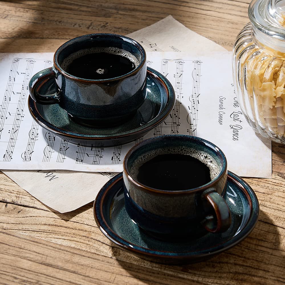 JIEMEI HOME Porcelain Stackable Espresso Cups with Saucers and Metal Stand, 4 Ounce Demitasse Cups