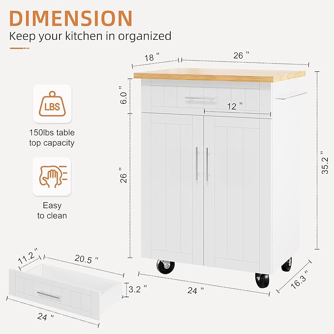 Shintenchi Kitchen Island cart with Storage, Portable Bar Cabinet on Wheels, Rolling Microwave Cart Side Table with Workstation for Kitchen, Dinning Room, White