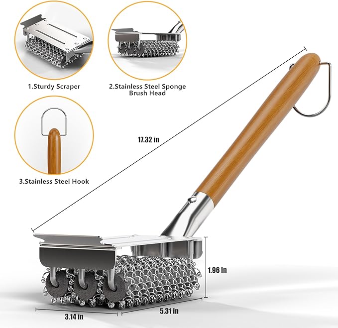 HOUSE AGAIN Grill Brush Bristle Free, 304 Stainless Steel Food-Grade Brush Head with Scraper, Safe BBQ Outdoor Grill Cleaning Brush Strong Barbecue Brush Cleaner Non Wire for Grill Grate/Wooden Handle