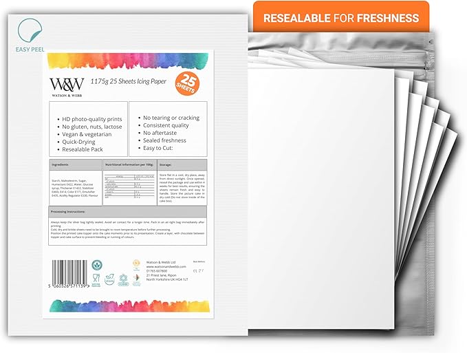 Watson & Webb Edible Frosting Sheets 8.5" x 11" – 25 Count Printable Icing Paper for Cakes & Toppers – Easy-Peel Food-Safe Edible Paper – Vegan, Gluten-Free