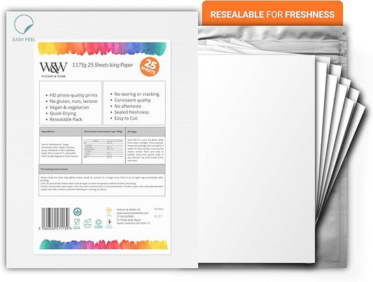 Watson & Webb Edible Frosting Sheets 8.5" x 11" – 25 Count Printable Icing Paper for Cakes & Toppers – Easy-Peel Food-Safe Edible Paper – Vegan, Gluten-Free
