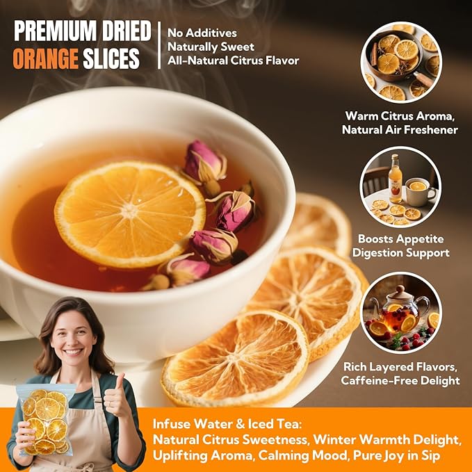 Premium Dried Orange Slices 8.8oz/250g,Dehydrated Orange Slices NO Addtives,Dried Oranges No Sugar Added,Fruit Tea,Dehydrated Fruit for Cocktails,Crafts,Baking,Caffeine Free Tea,Sleep Time Tea