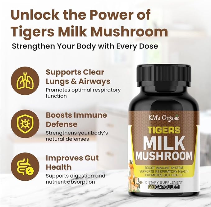 KM's Organic Tiger?™s Milk Mushroom Supplement 10:1 Extract (Lignosus Rhinocerus) ??Respiratory & Immune Support, Gut Health ??450 mg, 90 Vegan Capsules
