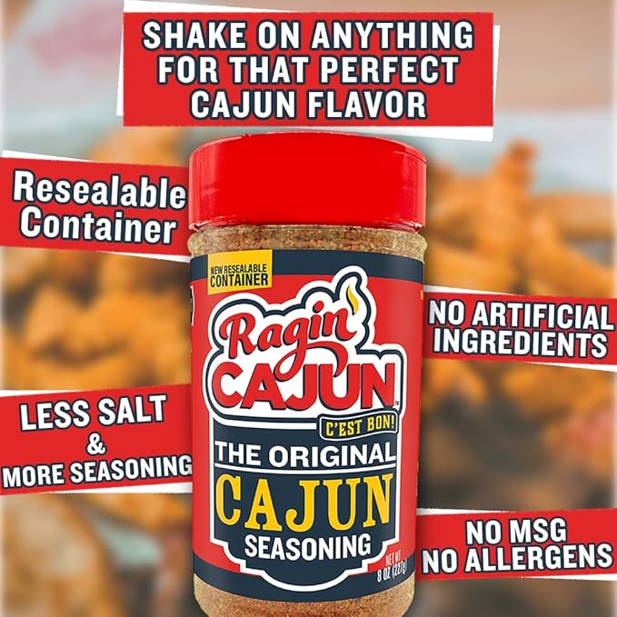 Original Cajun Seasoning - 8 oz, Less Salt, Low Sodium, No MSG, All Natural - Authentic Louisiana Spice for Grilling and Cooking Fish, Chicken, Steak, Soup, Seafood & Gumbo by Ragin' Cajun