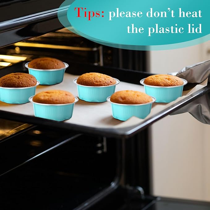 Eaasty 150 Pcs Baking Cups with Lids, 1.6 oz Muffin Cupcake Liners Aluminum Foil Mini Cake Pans Small Disposable Ramekin Flan Containers with Lids for Christmas, Birthday, Various Holiday (Light Blue)
