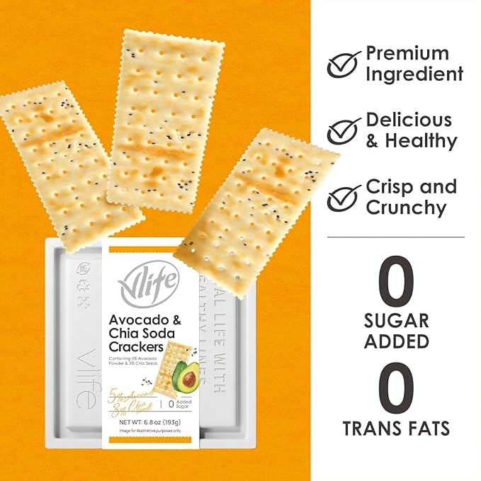 V-LOONG Avocado Chia Soda Crackers, Vlife Baked Saltine Crackers, No Added Sugar Healthy Snacks, (3 PACK, 20.4 Ounce)