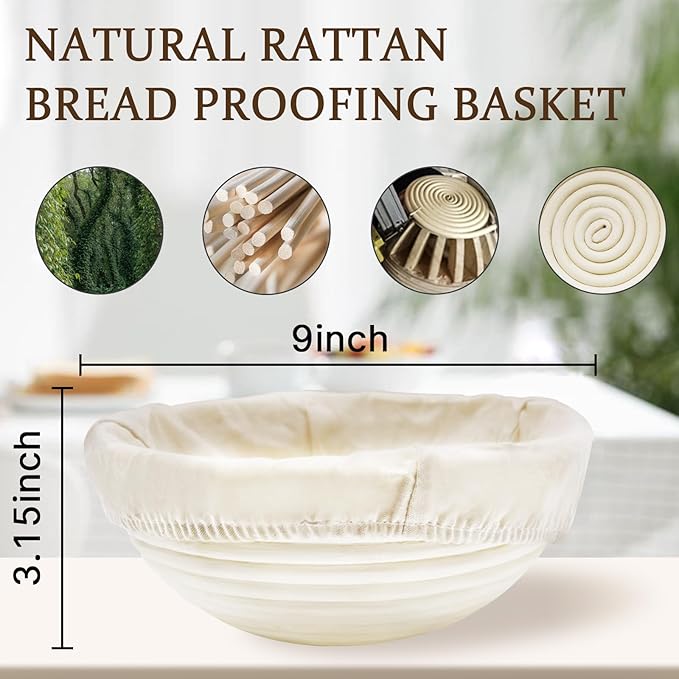 Sourdough Proofing Basket Kit: Banneton Single Natural Rattan Bread Basket with Linen Liner - Reusable & Dishwasher Safe Sourdough Baking Tools for Beginner Bakers