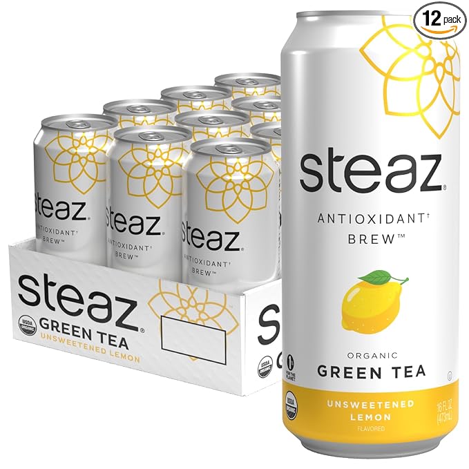 Steaz - Organic Green Tea - Unsweetened Lemon (12 Pack) - Antioxidant Brew - 65mg Natural Caffeine, Zero Sugar, 0 Calories, Vitamin C - Unsweetened Iced Tea - Vegan - 12 Cans, 16 fl oz (473mL)