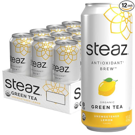 Steaz - Organic Green Tea - Unsweetened Lemon (12 Pack) - Antioxidant Brew - 65mg Natural Caffeine, Zero Sugar, 0 Calories, Vitamin C - Unsweetened Iced Tea - Vegan - 12 Cans, 16 fl oz (473mL)