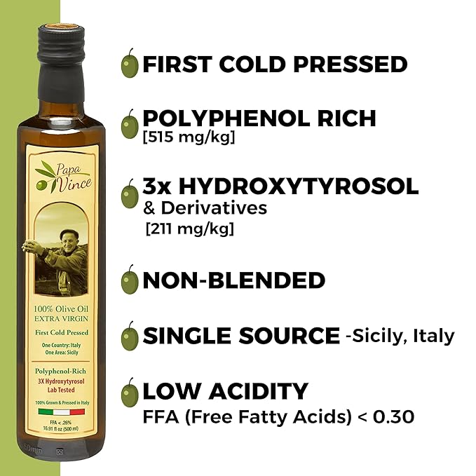 Papa Vince Olive Oil Extra Virgin - First Cold Press Family Harvest 2024/25, Polyphenol Rich, Subtle Peppery Finish, Unrefined, High in Monounsaturated Fat, No Pesticides, No GMO, Sicily, Italy