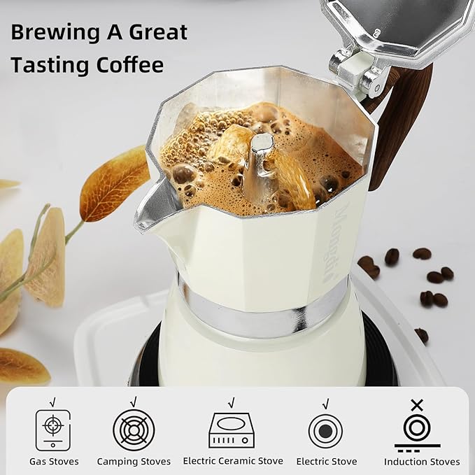 Mongdio Stovetop Espresso Maker Moka Pot, Cuban Coffee Maker Stove top coffee maker Moka Italian Espresso Greca Coffee Maker Brewer Percolator, 6 Espresso Cups, 10 oz - White