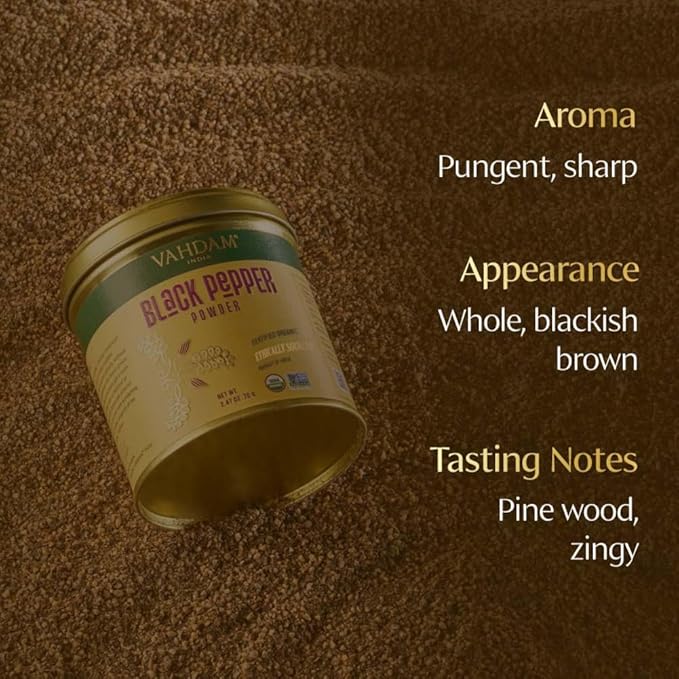 VAHDAM, Organic Black Pepper Powder (2.47oz) Gluten Free & 100% Raw Ground Black Pepper | Ground Peppercorns from India | Perfect for Cooking | Direct from Source