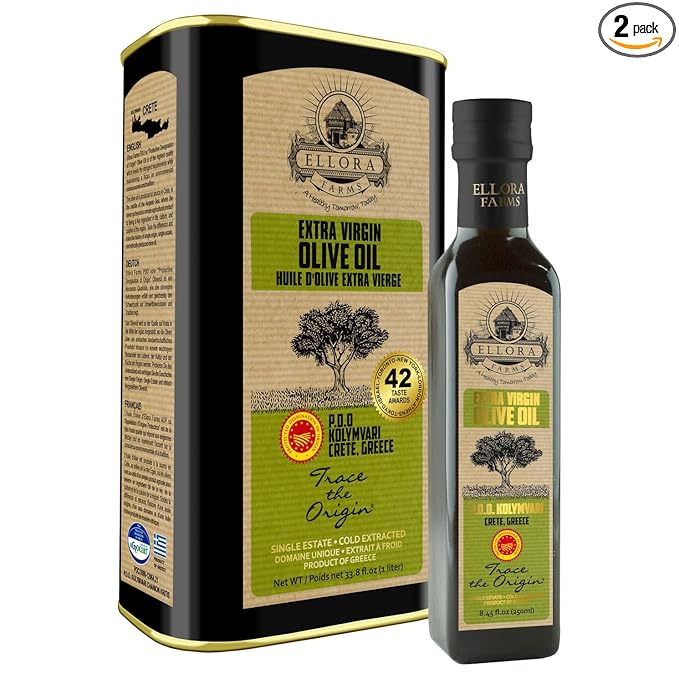 Ellora Farms, Greek Extra Virgin Olive Oil, Gold Award Winner, Single Estate traceable olive oil, 33.8 oz. Tin and 8.45 oz. Glass bottle, Combo Pack