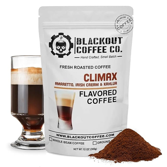Blackout Coffee Climax Amaretto, Irish Cream & Kahlua Flavored Ground Coffee ??Medium Roast, Smooth Taste, Guilt-Free Indulgence ??Freshly Roasted 12oz Bag, American Made