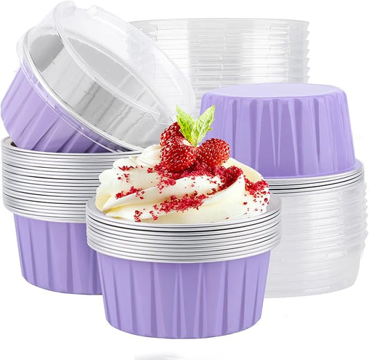 EUSOAR Disposable Ramekins with Lids, Light Purple 25pcs 5oz Creme Brulee Ramekins Disposable, Muffin Liners Cups，Mini Cheesecake Foil Pans Dessert Containers with Lids for Party Favor Birthday