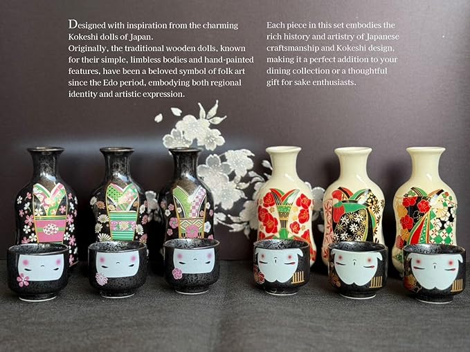 Japanese Traditional Kokeshi Design Sake Wine Soju Ceramic Set with 1 Ochoko Cup and 1 Tokkuri Bottle Gifts (Kokeshi Sakura Komachi)