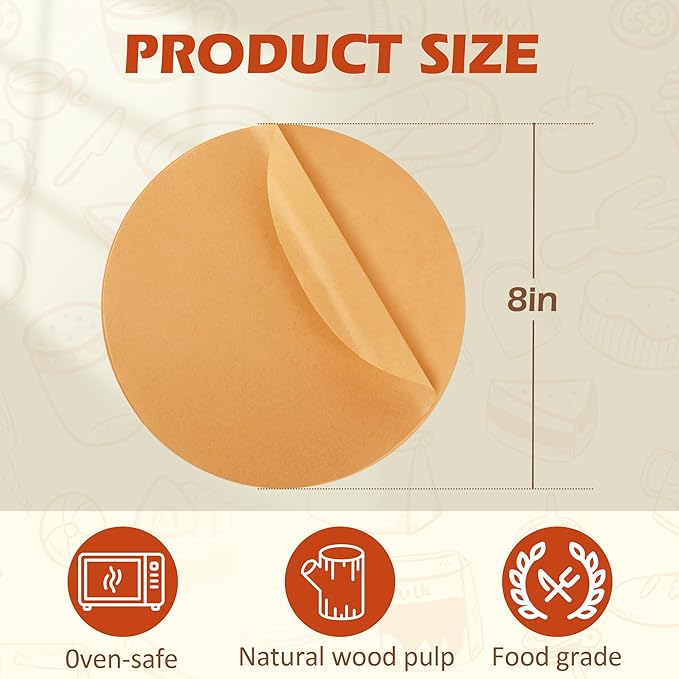 8 Inch Parchment Paper Rounds,200Pcs Non-Stick Unbleached Baking Parchment Rounds for Air Fryer,Round Cake Pan, Springform Pan, Tortilla Press and More