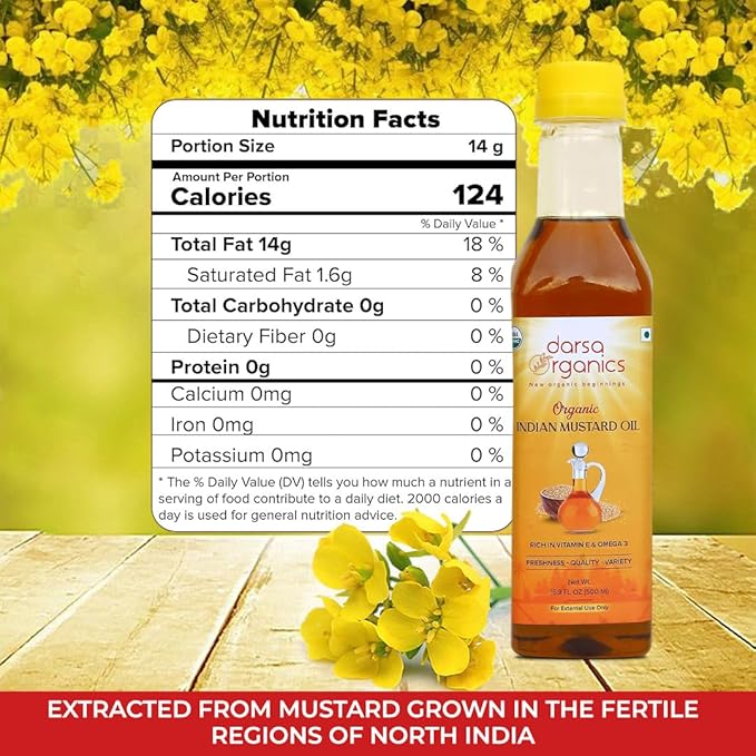 Darsa Organics Cold-Pressed Mustard Oil 16.9 oz (500ml) ??USDA Organic, Unrefined & Chemical-Free, Rich in Vitamin E & Omega-3, Great for Hair & Skin Care, Natural Massage & Remedies