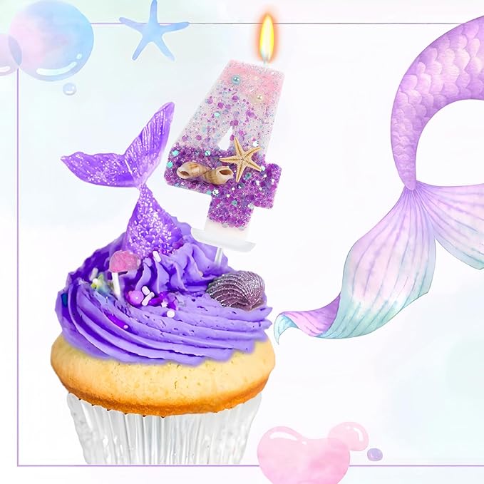 Purple Mermaid Party Number 4 Cake Candles, 2.76 inch Birthday Candle, Cake Topper Decoration for Birthday Party (Number 4)