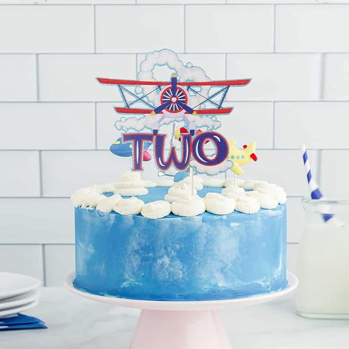 Two Airplane Cake Topper, Aircraft 2nd Birthday Party Supplies for Kids Plane Theme Baby Shower, Airplane Aviator Adventure Themed Party Decor