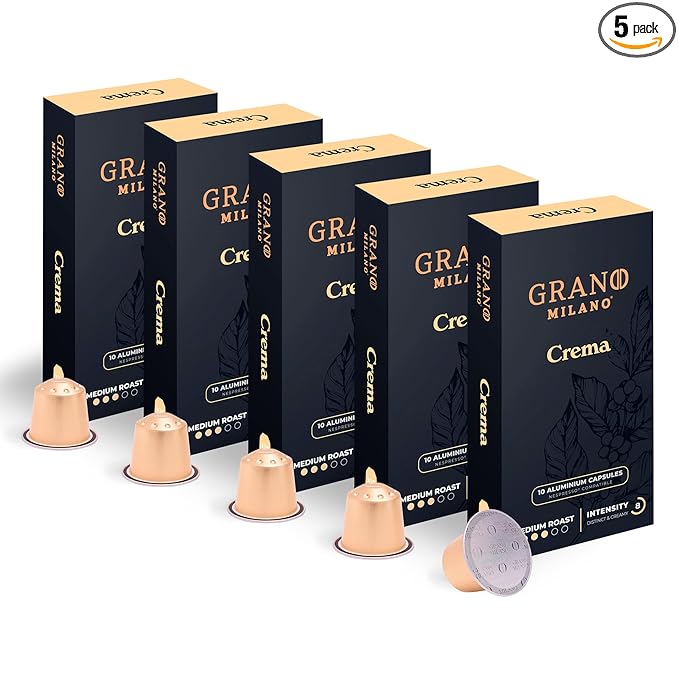 New Grano Milano Crema Coffee Capsules - 50 Aluminum Coffee Pods Compatible with Nespresso Original line, Medium Roast - Intensity 8/12, Made in Italy