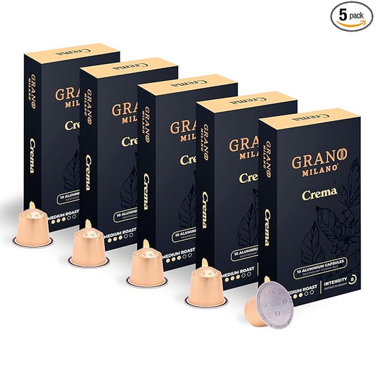 New Grano Milano Crema Coffee Capsules - 50 Aluminum Coffee Pods Compatible with Nespresso Original line, Medium Roast - Intensity 8/12, Made in Italy