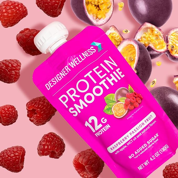 Designer Wellness Protein Smoothie, Real Fruit, 12g Protein, Low Carb, Zero Added Sugar, Gluten-Free, Non-GMO, No Artificial Colors or Flavors, Raspberry Passion Fruit, 12 Count