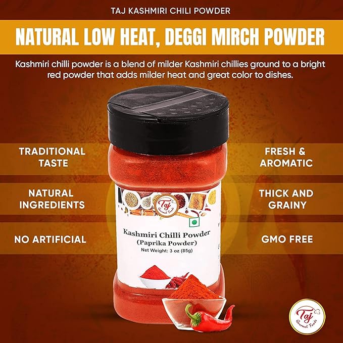 TAJ Premium Indian Kashmiri Chilly Powder, (Deggi Mirch, Lal Mirch), Mild Hot (3-Ounce)