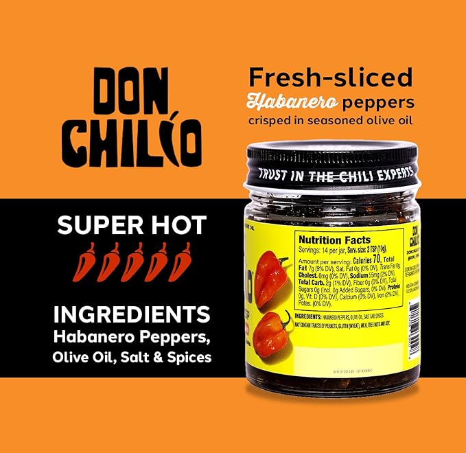 Don Chilio Hot Habanero Mexican Chile Crisp, 5 oz., 3 Pack ??Crunchy Sliced Habanero Fried Chili Peppers in Hot Seasoned 100% Olive Oil ??Keto-Friendly, Vegan, Gluten Free