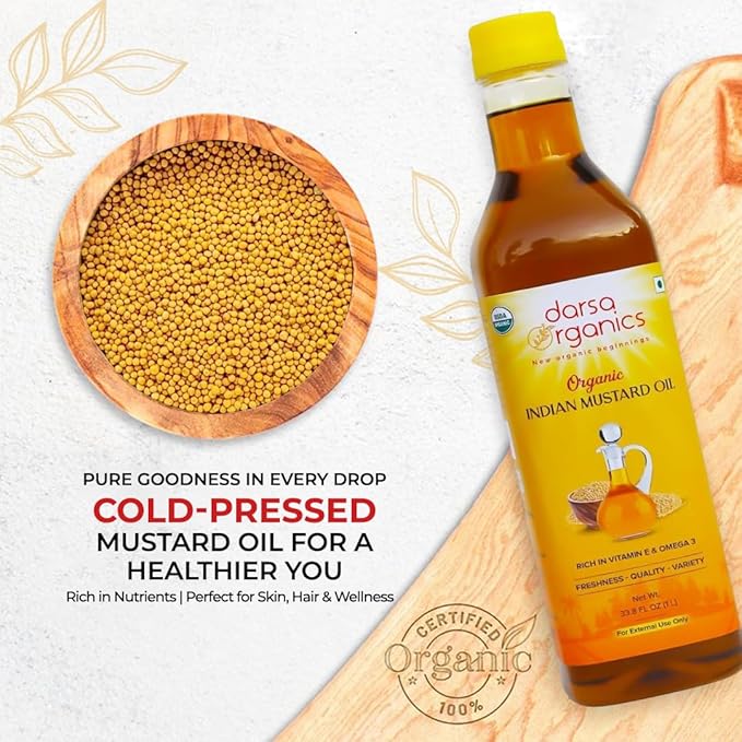 Darsa Organics Cold-Pressed Mustard Oil 33.8 oz (1000ml) ??USDA Organic, Unrefined & Chemical-Free, Rich in Vitamin E & Omega-3, Great for Hair & Skin Care, Natural Massage & Remedies