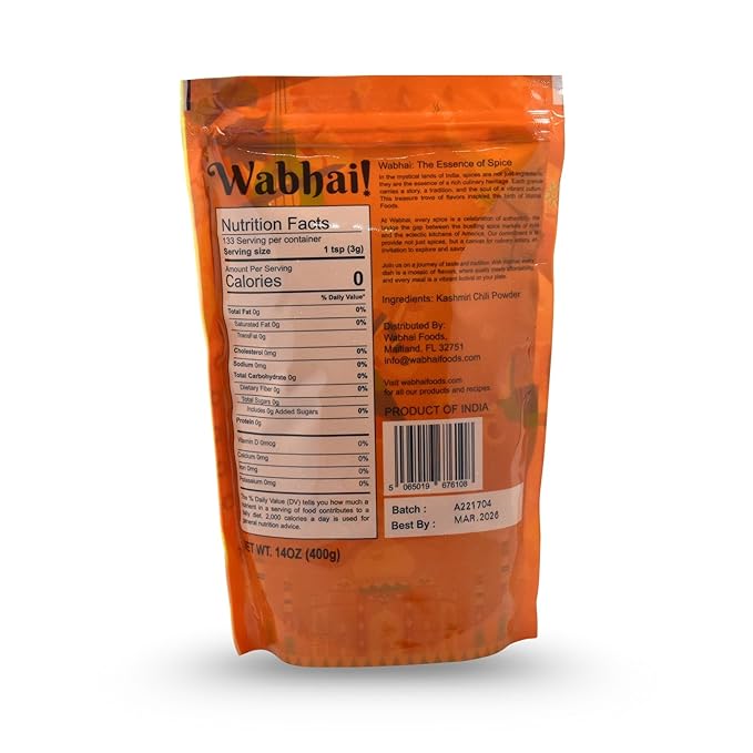 Wabhai! Kashmiri Chili Powder | Vibrant | Aromatic | Mild Heat | All Natural | Finest Spices (14oz (400g), 14, Ounce)