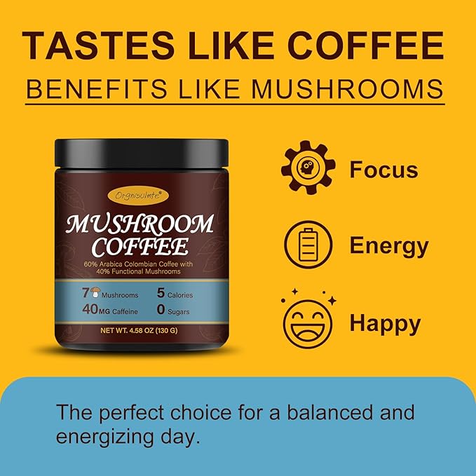Orgnisulmte Premium Mushroom Coffee 4.58 Oz, Fresh Ground Colombian Instant Coffee with 7 Superfood Mushrooms Better Taste, Natural Ingredients Gluten Free, Vegan, Keto, Non-Gmo 130g