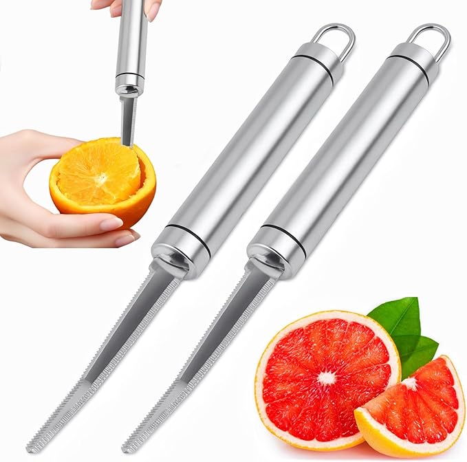 2PCS Grapefruit Knife Set, Curved Serrated Stainless Steel Fruit Knife for Grapefruit, Orange, Lemon, Kiwi, Avocado - Easy to Hang, Dishwasher Safe, Ergonomic Handle for Effortless Peeling and Slicing