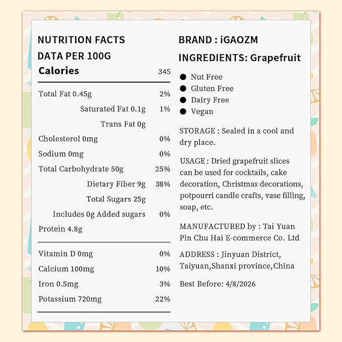iGAOZM Dehydrated Dried Grapefruit Slices Wheels ,3.52oz/100g,100%Natural,No Additives &No Sugar Added,Dehydrated Dry Grapefruit Garnish For Cocktails,Drinks,Cakes Decoration,Crafts & Baking