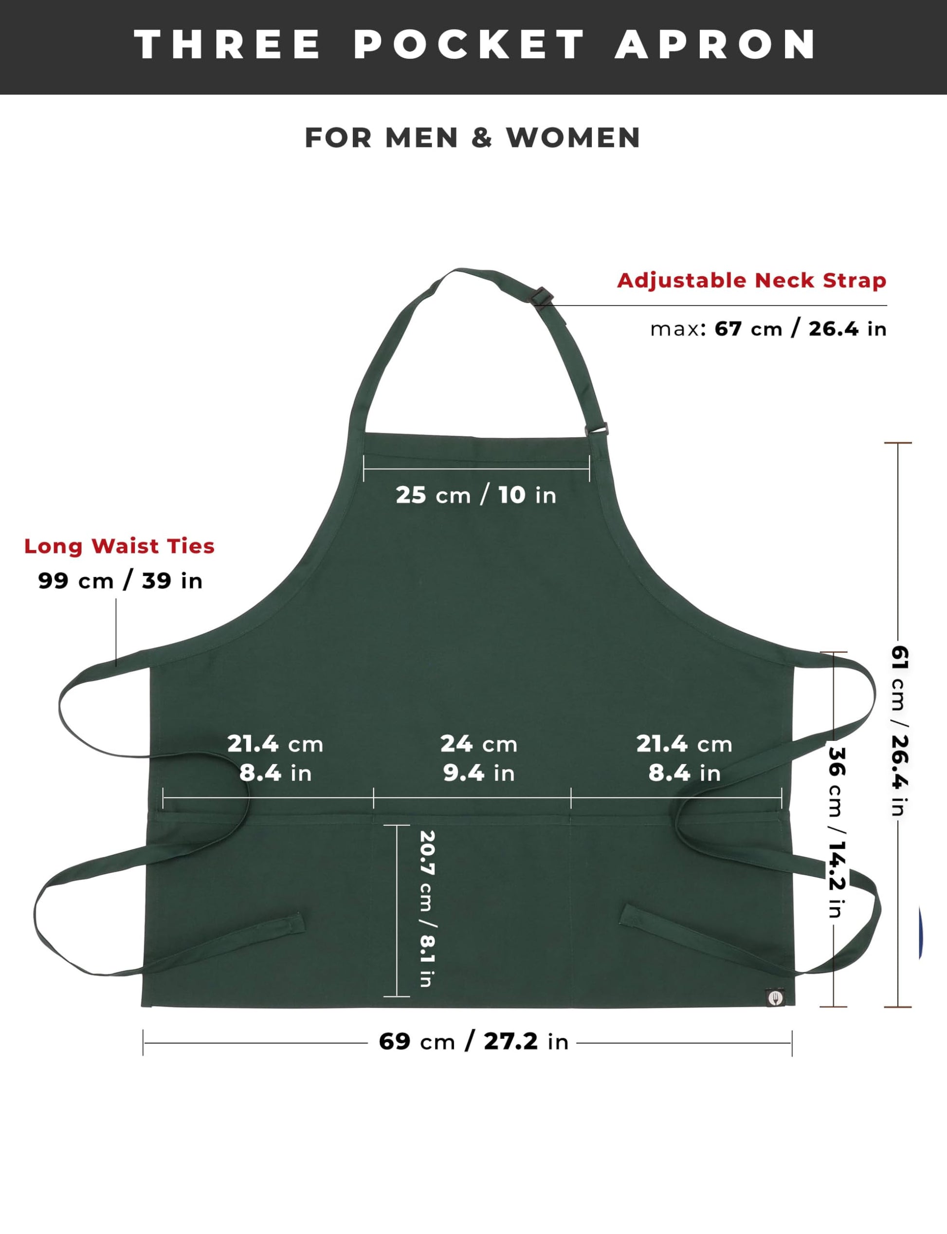 Chef Works Unisex Three Pocket Apron, Hunter Green, One Size