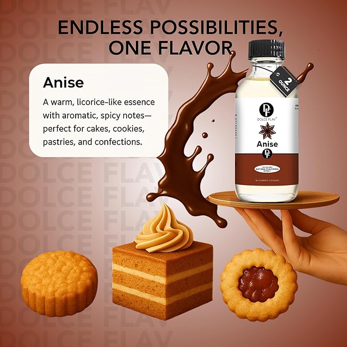 Dolce Flav Natural Anise Extract ??8 Ounce Oil-Soluble Kosher, Sugar-Free, Concentrated Licorice Anise Flavoring for Baking, Cookies & Liqueurs, Includes Measured Dropper