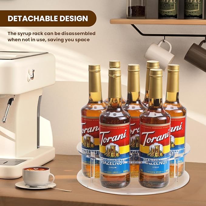 IEEK Large Rotating Coffee Syrup Organizer 7 Bottles Clear Acrylic Coffee Syrup Rack for Countertop Syrup Bottle Holder Stand With Anti Slip Pad for Coffee Bar Station,Turntable Wine Display Tray