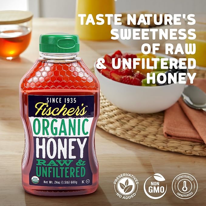 Fischer’s 100% Organic Honey, USDA Certified, 24 oz Squeeze Bottle – Pure, Unfiltered, Raw Honey – All-Natural Sweetener – Rich Flavor Profile, Natural Honey Packed with Nutrients (Pack of 2)