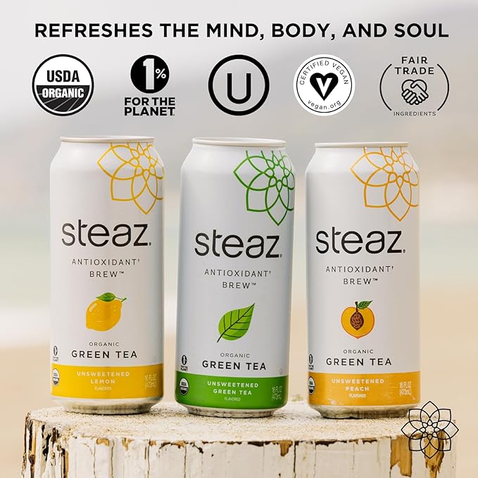 Steaz - Organic Green Tea - Unsweetened Lemon (12 Pack) - Antioxidant Brew - 65mg Natural Caffeine, Zero Sugar, 0 Calories, Vitamin C - Unsweetened Iced Tea - Vegan - 12 Cans, 16 fl oz (473mL)