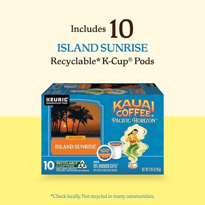 Kauai Coffee K-Cup Pods for Keurig Brewers – Arabica Coffee, 10% Hawaiian – Mild Roast, Light with Bright Aroma – Island Sunrise, 1 Pack of 10 Single Serve K-Cups