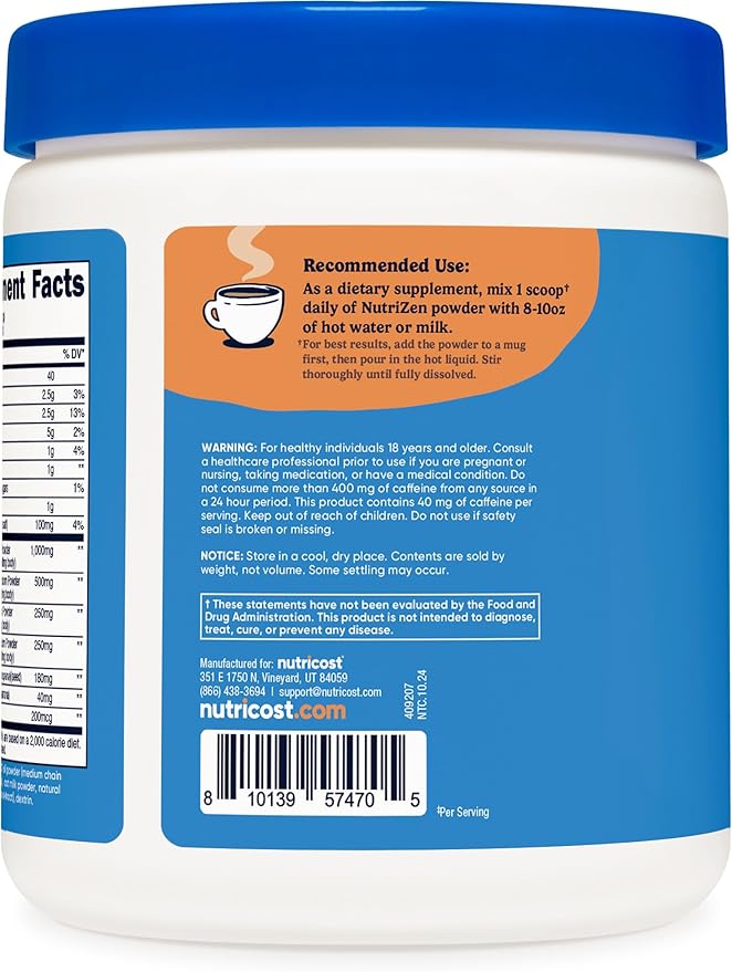 Nutricost Nutrizen AM Focus Adaptogenic Mushroom Drink (Cafe Latte Flavored) 30 Servings - Includes Reishi, Lion's Mane, Shiitake, Cordyceps