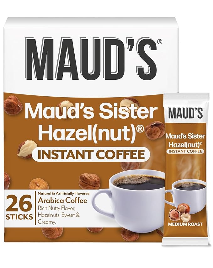 Maud's Sweet Hazelnut Flavored Instant Coffee, 26 ct, 100% Arabica Coffee, Medium Roast, Instant Hot or Iced Coffee - Just add water