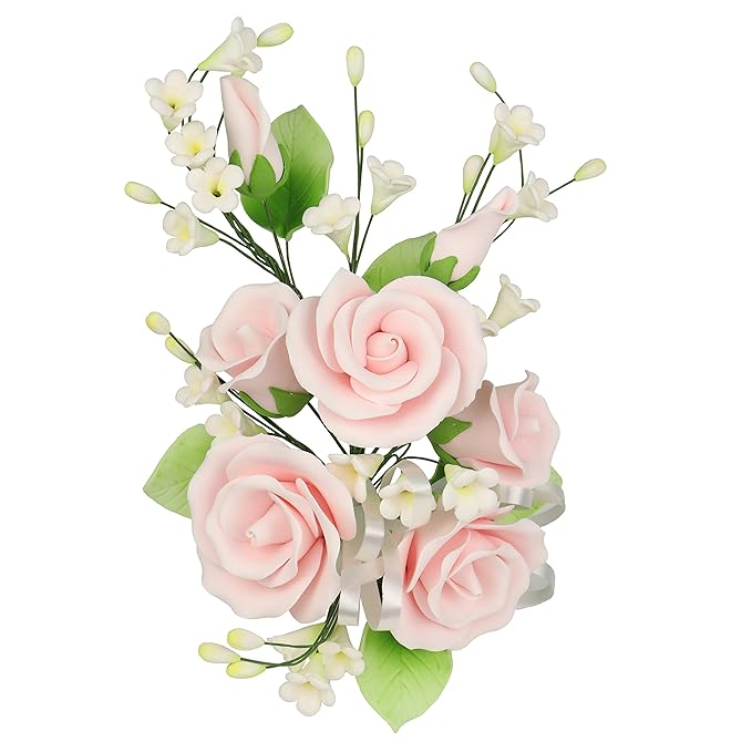 O'Creme Gumpaste Edible Flower Spray for Cake Decorating, Pastel Pink Garden Rose Sugar Paste Flower Decoration for Cakes, Candy, Cupcake Toppers - Birthday, Wedding, Valentines Day, Baby Shower