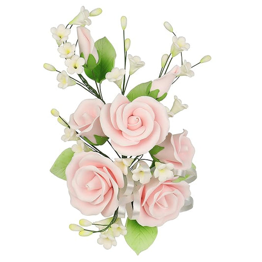 O'Creme Gumpaste Edible Flower Spray for Cake Decorating, Pastel Pink Garden Rose Sugar Paste Flower Decoration for Cakes, Candy, Cupcake Toppers - Birthday, Wedding, Valentines Day, Baby Shower