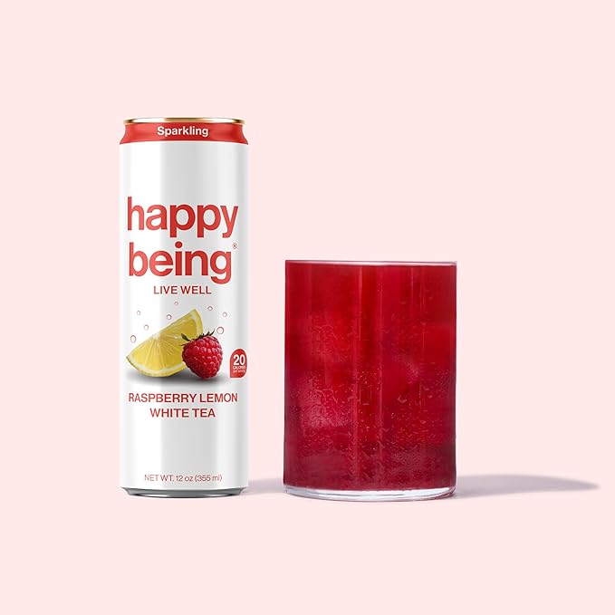 Happy Being Sparkling Nutrient-Rich Raspberry Lemonade White Tea – Infused with Turmeric, Elderberry, Vitamin D3, Caffeine Free, Plant-Based, Low Calorie & Low Sugar Drinks, 12oz (4 Pack)