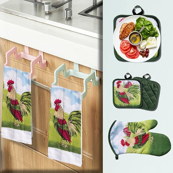 Lobyn Value Packs: 5-Piece Country Kitchen Towel Set ??Proud Rooster & Red Barn Motif, 2 Lightweight Terry Cloth Dish Towels Quilted Oven Mitt & 2 Potholders