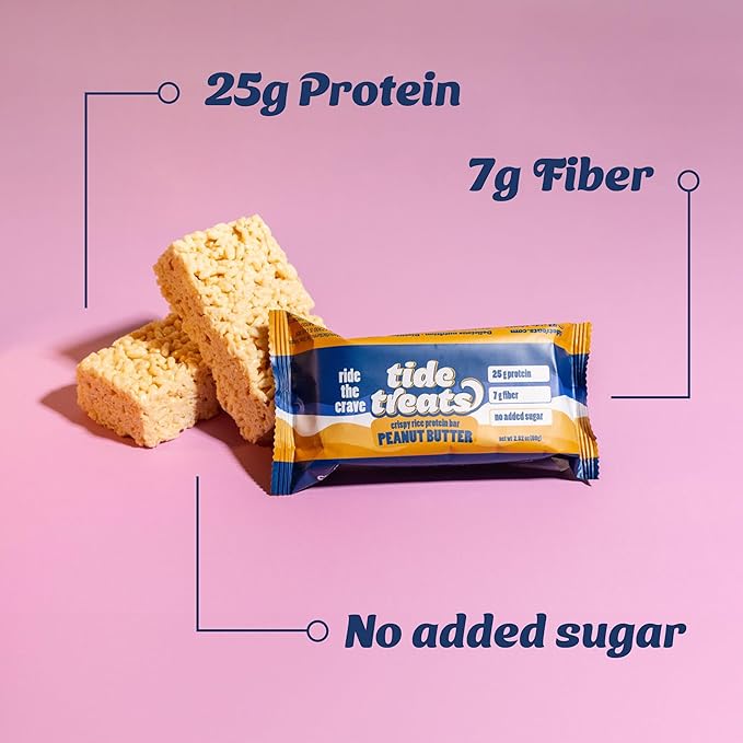 Crispy Rice Protein Treat Peanut Butter Bar | 25 g Protein, No Added Sugar, 7 g Fiber, Gluten Free | High Protein Snack for On-the-Go, Post-Workout or Dessert Cravings | 8 Count | TideTreats