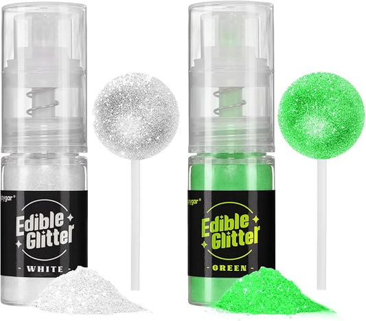 Sujoygar Edible Glitter Spray 2 Colors, White and Green Edible Glitter for Cocktails, Shimmer Powder Luster Dust Edible for Cake Drink Strawberrie Cupcake Cookies Christmas Baking Decoretion, Vegan(5g/Bottle)