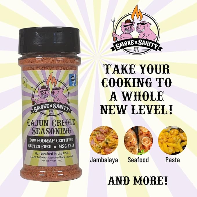Smoke n Sanity Cajun Creole - Certified Low FODMAP Seasonings - Gluten Free - Certified Kosher - Dairy Free for Low FODMAP Snacks (4.0 oz)